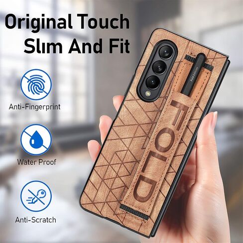 Omio Designed for Samsung Galaxy Z Fold 4 Leather Case with S Pen Holder & Strap, Wrist Strap Leather Back Cover Case Hard PC Shockproof Finger Grip Case for Galaxy Z Fold 4 Men Women Girls, Blue in Kuwait