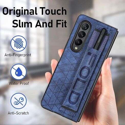 Omio Designed for Samsung Galaxy Z Fold 4 Leather Case with S Pen Holder & Strap, Wrist Strap Leather Back Cover Case Hard PC Shockproof Finger Grip Case for Galaxy Z Fold 4 Men Women Girls, Blue in Kuwait