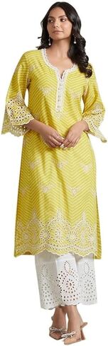 مجموعة كورتا بالازو من ذا لوم للنساء بأكمام طويلة ملابس عرقية هندية ورقبة على شكل حرف V مطبوعة كورتي عرقية هندية للفتيات باللون الأصفر in Kuwait