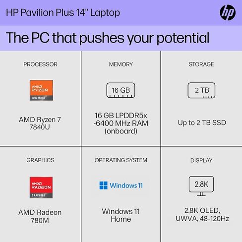 كمبيوتر محمول HP Pavilion Plus مقاس 14 بوصة OLED، معالج AMD Ryzen 7 7840U (Beat i7-1355U)، شاشة OLED 2.8k (2880x1800) 120 هرتز، ذاكرة الوصول العشوائي 16 جيجابايت، 512 جيجابايت SSD، لوحة مفاتيح بإضاءة خلفية، Windows 11 Pro، WOWPC Recovery USB in Kuwait