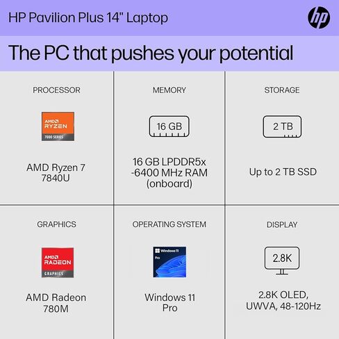 HP Newest Pavilion Plus 14" OLED Laptop, AMD Ryzen 7 7840U Processor (Beat i7-1355U), OLED 2.8k (2880x1800) 120Hz Display, 16GB RAM, 512GB SSD, Backlit Keyboard, Windows 11 Pro, WOWPC Recovery USB in Saudi Arabia
