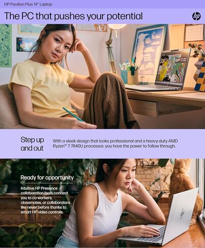 كمبيوتر محمول HP Pavilion Plus مقاس 14 بوصة OLED، معالج AMD Ryzen 7 7840U (Beat i7-1355U)، شاشة OLED 2.8k (2880x1800) 120 هرتز، ذاكرة الوصول العشوائي 16 جيجابايت، 512 جيجابايت SSD، لوحة مفاتيح بإضاءة خلفية، Windows 11 Pro، WOWPC Recovery USB in Kuwait