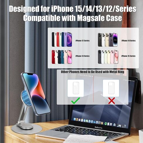 Magnetic Phone Stand for Desk, 360° Rotatable Foldable Magnetic Phone Holder Stand, Height&Tilt Adjiustable, Non Slip Base Magsafe Phone Holder for iPhone 15/14/13/12 Series/Magsafe Case (Black) in Saudi Arabia