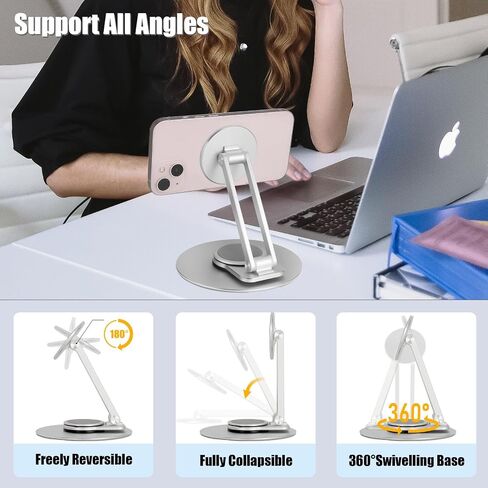 Magnetic Phone Stand for Desk, 360° Rotatable Foldable Magnetic Phone Holder Stand, Height&Tilt Adjiustable, Non Slip Base Magsafe Phone Holder for iPhone 15/14/13/12 Series/Magsafe Case (Black) in Saudi Arabia