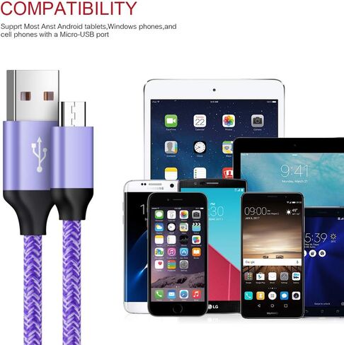 كابل Micro USB، 2 حزمة شاحن هاتف بطول 6 أقدام، أسلاك طاقة Android، كابلات شحن سريعة طويلة متوافقة مع Samsung Galaxy J7 S6 S7 Edge J3، Note 3 4 5، Tablet S2 S4، LG Stylo 2/3 Plus in Kuwait