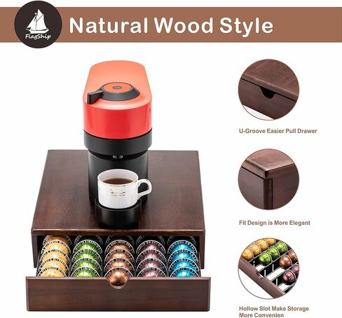 FlagShip for Nespresso Pod Holder Vertuo Pod Drawer Coffee Pod Storage for Vertuo Pod with Elegant Wood Frame(50 Pods Capacity) in Kuwait