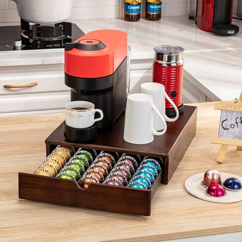 FlagShip for Nespresso Pod Holder Vertuo Pod Drawer Coffee Pod Storage for Vertuo Pod with Elegant Wood Frame(50 Pods Capacity) in Kuwait
