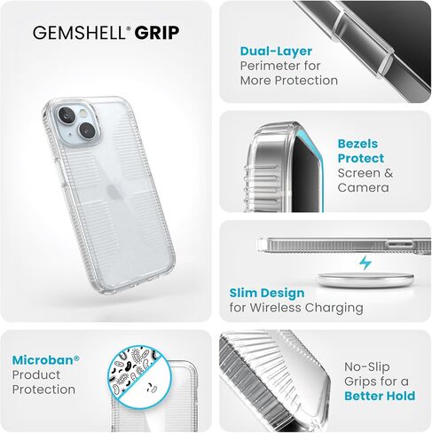 حافظة Speck Clear iPhone 15 - نحيفة، حماية من السقوط، قبضة - لهاتف iPhone 15، iPhone 14 وiPhone 13 - مقاومة للخدش، مضادة للأصفر، حافظة هاتف 6.1 بوصة - GemShell Grip Clear in Saudi Arabia