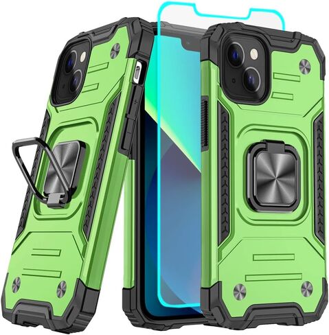 HNHYGETE for iPhone 13 Case, iPhone 14 Case with HD Screen Protector, 360°Military Grade Rotatable Kickstand (Heavy Duty) Shockproof Protective Cases for iPhone 13 (Green) in Kuwait