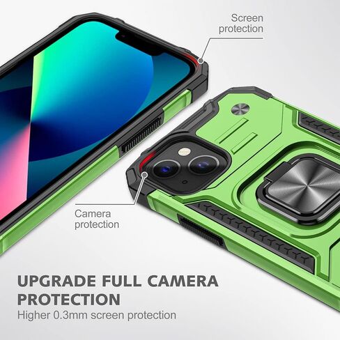 HNHYGETE for iPhone 13 Case, iPhone 14 Case with HD Screen Protector, 360°Military Grade Rotatable Kickstand (Heavy Duty) Shockproof Protective Cases for iPhone 13 (Green) in Kuwait