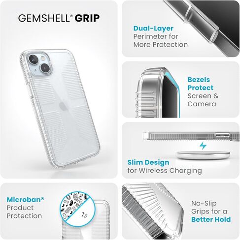 حافظة Speck Clear iPhone 15 - نحيفة، حماية من السقوط، قبضة - لهاتف iPhone 15، iPhone 14 وiPhone 13 - مقاومة للخدش، مضادة للأصفر، حافظة هاتف 6.1 بوصة - GemShell Grip Clear in Saudi Arabia