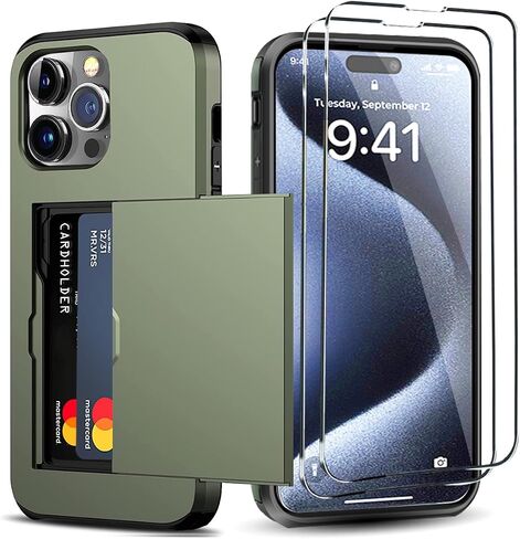 for iPhone 15 Pro Wallet Case with Card Holder + 2 Tempered Glass Screen Protector, Heavy Duty Protective Dual Layer Shockproof Hidden Card Slot Slim Case Women Men 6.1 inch (Rose Gold) in Kuwait