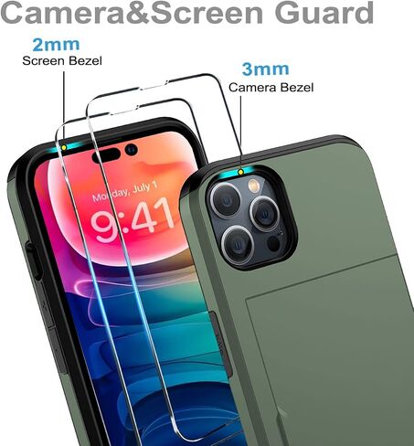 for iPhone 15 Pro Wallet Case with Card Holder + 2 Tempered Glass Screen Protector, Heavy Duty Protective Dual Layer Shockproof Hidden Card Slot Slim Case Women Men 6.1 inch (Rose Gold) in Kuwait