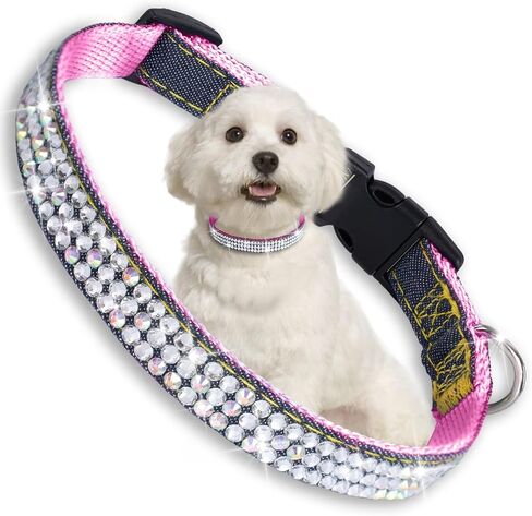 Sparkly Rhinestones Dog Collar, Stylish and Practical Diamond Blue Fiber Denim Dog Collar for Small Medium Dogs and Large Cats, 18'' in Saudi Arabia
