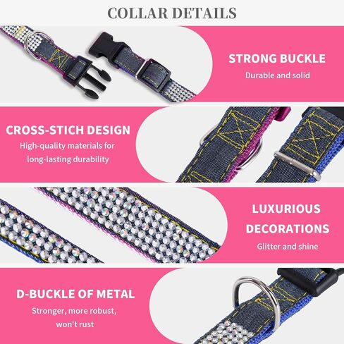 Sparkly Rhinestones Dog Collar, Stylish and Practical Diamond Blue Fiber Denim Dog Collar for Small Medium Dogs and Large Cats, 18'' in Saudi Arabia