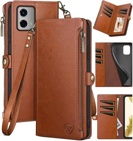 XcaseBar for Moto G 5G 2023 Wallet case with Zipper Credit Card Holder【RFID Blocking】, Flip Folio Book PU Leather Phone case Shockproof Cover Women Men for MotoG 5G case Light Brown in Saudi Arabia