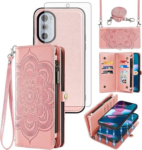 Asuwish Phone Case for Motorola Edge+ Plus 2022/Edge X30/30 Pro Zipper Wallet Cell Cover with Tempered Glass Screen Protector Crossbody Strap Flower Card Holder Moto Edge + 5G UW Women Girls Rose Gold in Saudi Arabia