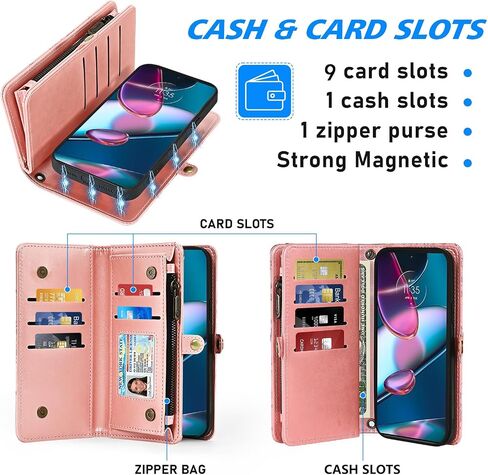 Asuwish Phone Case for Motorola Edge+ Plus 2022/Edge X30/30 Pro Zipper Wallet Cell Cover with Tempered Glass Screen Protector Crossbody Strap Flower Card Holder Moto Edge + 5G UW Women Girls Rose Gold in Saudi Arabia
