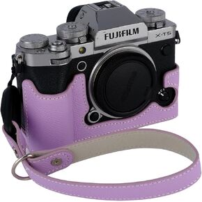 حافظة كاميرا Bowan X-T5، حافظة نصف كاميرا مصنوعة يدويًا من الجلد الطبيعي الأصلي لكاميرا Fujifilm Fuji X-T5 X-T5 إصدار فتحة سفلية + حزام يد (أسود)
