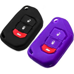 Silicone Key Fob Cover Fit for Jeep Wrangler JL JLU Rubicon Jeep Gladiator JT Sahara JLU Flip 3 Buttons | Car Accessories | Remote Key Protection Case - Black & Purple