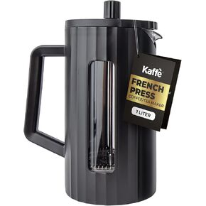 Kaffe French Press Coffee Maker (34oz / 1L) - Borosilicate Glass and BPA-Free Plastic Coffee Press - Matte Black - Lightweight Travel & Camping Coffee Maker - 3 Level Filter