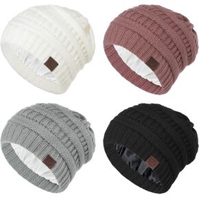 Zando 4 Pack Satin Lined Winter Hats for Women Men 2024 Warm Slouchy Satin Beanie Hats Unisex Chunky Knit Hat Cute Skull Cap
