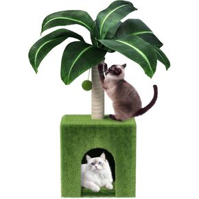 Cat Scratching Post with Condo, Palm Cat Tree Tower Natural Sisal Cat Scratcher Cat Bed Cat Furniture for Kittens and Cats