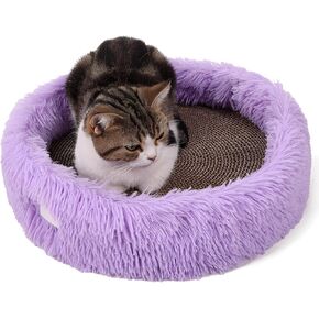 Anti Cat Scratcher Lounge, Removable Reversible Cat Scratching Pad Box Bed, Round Cat Box Bed with Corrugated Board, Durable Large Cat Scratch Pad for Furniture Protection, Fluffy Cat Training Toy