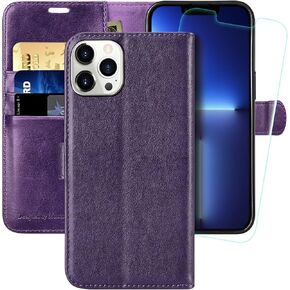 MONASAY Wallet Case Compatible for iPhone 13 Pro 5G, 6.1-inch, [Glass Screen Protector Included] [RFID Blocking] Flip Folio Leather Cell Phone Cover with Credit Card Holder, Blue