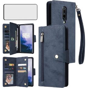 Asuwish Phone Case for OnePlus 7 Pro Wallet Cover and Screen Protector Leather Flip Card Holder Stand Cell Accessories OnePlus7Pro 5G One Plus 1+7 1Plus OnePlus7 7Pro One+ 1 + Seven Women Men Blue