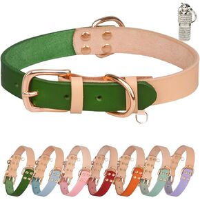 Cute Double Splicing Color Leather Dog Collar with Dog Tag and Bell Adjustable Girl Boy Dog Collars for Small Medium Large Dogs