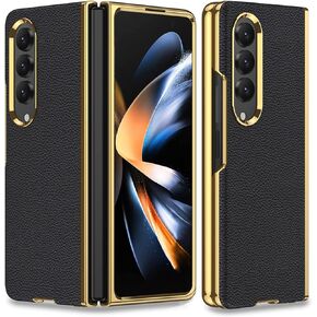 Miimall Compatible with Galaxy Z Fold 4 Case, PC+PU Leather Pattern Luxury Plating Ultra-Thin Protective Case for Samsung Galaxy Z Fold 4 5G (2022) (Black)