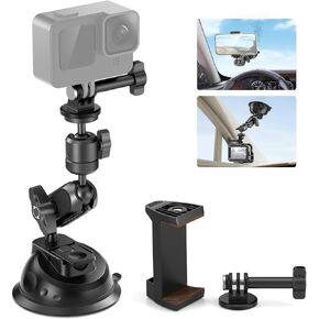 Neewer Suction Cup Phone Mount Magnetic with Magic Arm Ball Head & Two Metal Rings Compatible with MagSafe iPhone 15 Pro Max Car Windshield Mount for POV Point of View Vlog, CA030