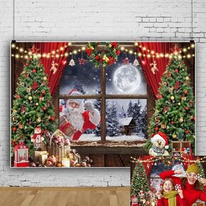 8x6ft Christmas Backdrop Christmas Window Woodland Winter White Snow Forest Photography Background Xmas Tree Snowman Christmas Theme Party Decorations Photo Booth Selfie Picture Backdrop