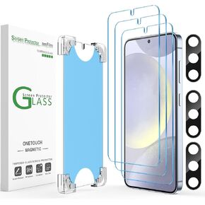 amFilm3+3 Pack Auto-Alignment Magnetic OneTouch for Samsung Galaxy S24 Plus 6.7" Tempered Glass Screen Protector +3 Camera Lens Protector, 30 Seconds Installation, 9H Hardness, Bubble Free, Reusable