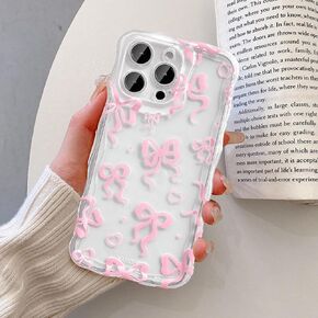 UEEBAI Cute Bow Case for iPhone 16 Pro Max 6.9 inch, Wavy Ribbon Bow Case Pretty Aesthetic Case Cute Curly Clear Case Stylish Soft Bow Phone Case Pretty Clear Wavy Case for Women Girl - Pink