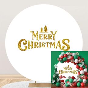 Merry Christmas Round Backdrop Cover for Photography 7.2ft Christmas Tree White Circle Round Backdrop Stand for Winter Party Decor Xmas Family Holiday Photo Background Kids Portrait Studio Props