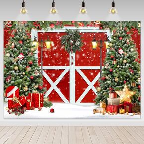 Avezano Christmas Photography Backdrop Rustic Vintage Wooden Red Barn Door Photo Background Snowy Christmas Trees Holiday Family Portrait Background Photo Studio Booth Props (8x6ft)
