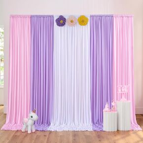5ft x 10ft Light Purple Backdrop Curtains 5ft x 10ft Pink Backdrop Curtains and 5ft x 10ft White Backdrop Curtains, Wrinkle Free Backdrop Drapes for Birthday Party Background, 6 Panel 2.5x10ft