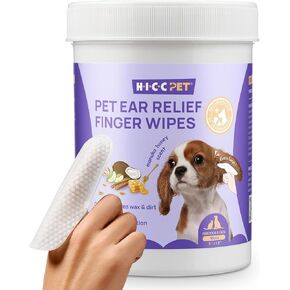 HICC PET Ear Finger Wipes for Dogs & Cats - Gently Remove Ear Wax, Debris - Sooths & Deodorizes - Relieve Ear Itching & Inflammation, All Natural Ingredients, Fragrance Free - 50 Count