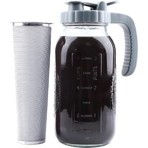 Cold Brew Coffee Maker 64 OZ Mason Jar Cold Brew Pitcher With Infuser 2 Quart Wide Mouth Iced Coffee Maker With Pour Spout Lid And Handle Half Gallon Airtight & Leakproof Pitcher