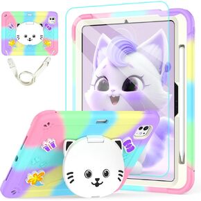 for iPad Pro 11 Inch Case 2024 (M4,5th Gen) with Tempered Glass Screen Protector,Cute Cat Stand,Pencil Holder Shoulder Strap,Shockproof Protective for iPad 5th Generation Case Kids (Colourful)