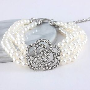 Pet Collar with Four Rows of Pearl dot Diamond Necklace Jewelry Adjustable Rose Flower cat and Dog Decoration Accessories White L