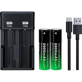 18650 Rechargeable Battery 3.7Volt Flat Top 9900mAh Large Capacity for Headlamps LED Flashlights(2 Pack,18650 Battery+Charger)