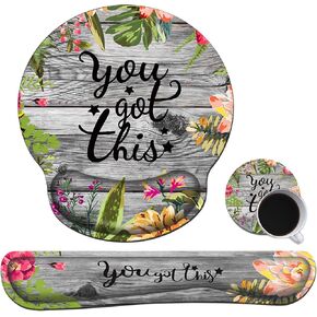 Ergonomic Mouse Pad with Wrist Support Gel and Keyboard Wrist Rest Set + Coaster, You Got This Inspirational Saying Wreath Design, Soft Memory Foam Easy Typing Pain Relief Combo for Computer Laptop