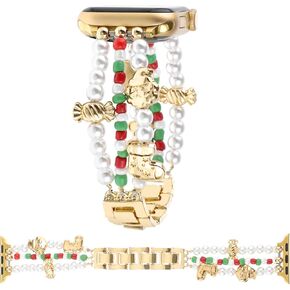 Pearl Beaded Bracelet Compatible with Apple Watch Bands 38 40 41mm 42 44 45 46 49mm,Stylish Jewelry Wristband Metal Cuban Chain Cute Strap for iWatch Series 10 9 8 7 6 5 4 3 SE Ultra 2 Women
