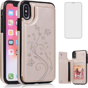 Phone Case for iPhone Xs X 10 10s with Tempered Glass Screen Protector Card Holder Wallet Cover Stand Flip Leather Cell iPhoneX iPhoneXs iPhone10 i PhoneX SX 10x 10xs X’s Cases Women Men Blue