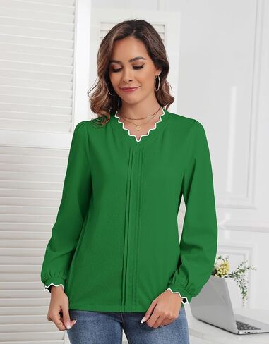 ZAFUL Womens Tops Dressy Casual Scalloped V Neck Work Shirts Puff Long Sleeve Cute Tops Textured Blouses in Saudi Arabia