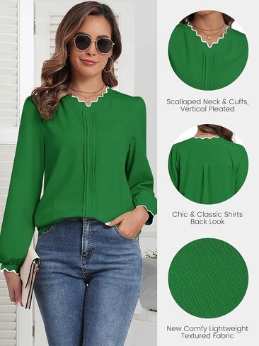 ZAFUL Womens Tops Dressy Casual Scalloped V Neck Work Shirts Puff Long Sleeve Cute Tops Textured Blouses in Saudi Arabia