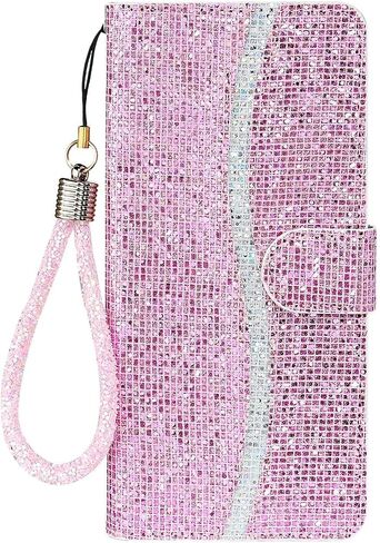 Guppy Bling Wallet Case Compatible with iPhone 15, PU Flip Blocking Wallet with Wrist Strap Magnetic Closure Built-in Kickstand Protective Case - Pink in Saudi Arabia